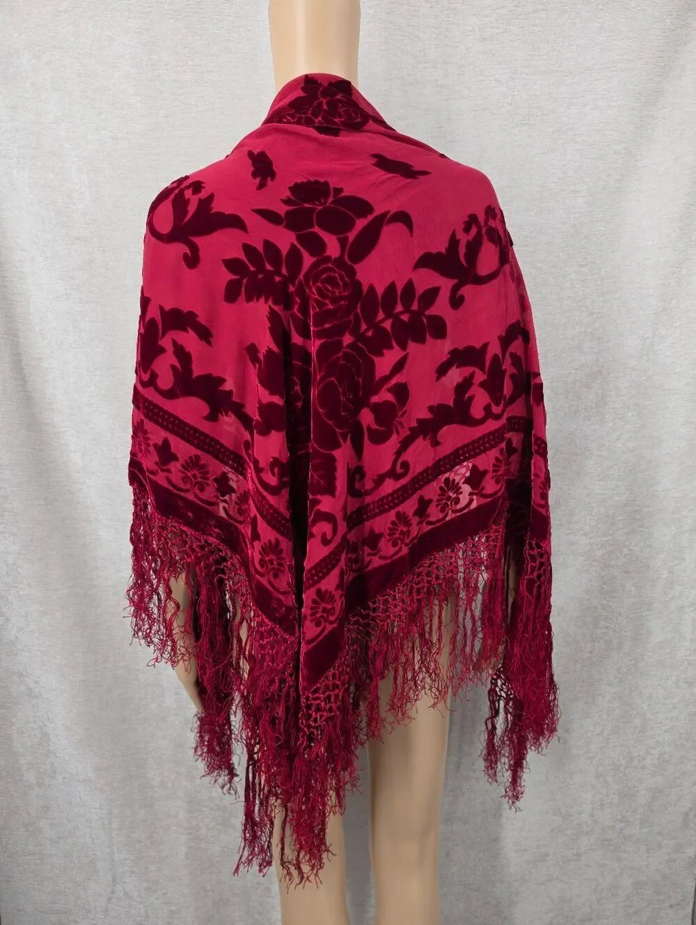 Silk Blend Velvet Burnout Floral Fringe Shawl Scarf Deep Burgundy Red Square